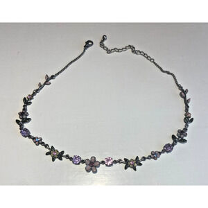 Vintage Style Floral Choker Necklace, Pink & Purple Rhinestones